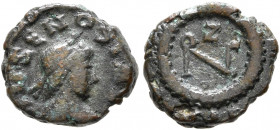 Zeno, second reign, 476-491. Nummus (Bronze, 9 mm, 0.79 g, 12 h), Nicomedia. D N ZENO P F AVG Pearl-diademed, draped and cuirassed bust of Zeno to rig...