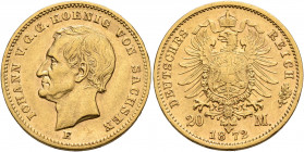 GERMANY. Sachsen. Johann, 1854-1873. 20 Mark 1872 (Gold, 22 mm, 7.93 g, 12 h), Dresden IOHANN V. G. G. KOENIG VON SACHSEN Head of Johann to left, E be...