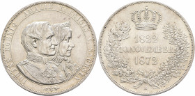 GERMANY. Sachsen. Johann, 1854-1873. Doppelter Vereinstaler 1872 (Silver, 41 mm, 37.07 g, 12 h), golden wedding. Dresden. IOHANN KOENIG AMALIE KOENIGI...