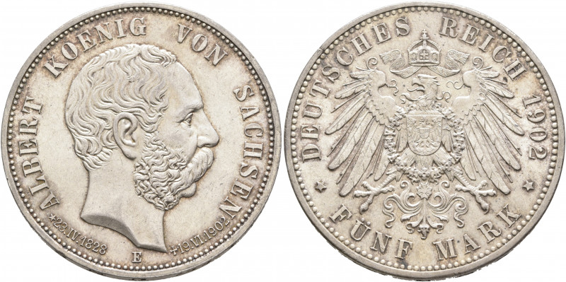 GERMANY. Sachsen. Albert, 1873-1902. 5 Mark 1902 (Silver, 38 mm, 27.78 g, 12 h),...