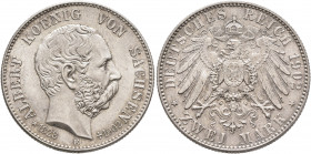 GERMANY. Sachsen. Albert, 1873-1902. 2 Mark 1902 (Silver, 27 mm, 11.10 g, 12 h), on his death. ALBERT KOENIG VON SACHSEN Head of Albert right, ✱ 23. I...