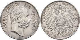 GERMANY. Sachsen. Georg, 1902-1904. 2 Mark 1904 (Silver, 12 mm, 11.13 g, 12 h), on his death. Dresden. GEORG KOENIG VON SACHSEN / ✱ 8. VIII. 1832 † 15...