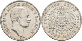 GERMANY. Sachsen. Friedrich August III, 1904-1918. 5 Mark 1914 (Silver, 38 mm, 27.84 g, 12 h), Dresden. FRIEDRICH AUGUST KÖNIG V. SACHSEN Head of Frie...