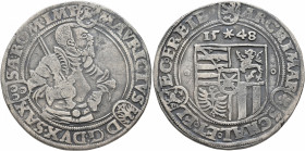 GERMANY. Sachsen-Albertinische Linie. Moritz, 1547-1553. Taler 1548 (Silver, 39 mm, 28.54 g, 9 h), Freiberg. MAVRICIVS D G DVX SAX SA ROM IMP Cuirasse...