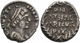 OSTROGOTHS. Athalaric, 526-534. 1/4 Siliqua (Silver, 10 mm, 0.69 g, 6 h), in the name of Justinian I (527-565), Rome, 527-534. D N IVSTINIAN AVG Pearl...