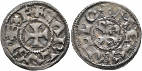 CAROLINGIANS. Charles (the Fat), as Charles III, king of West Francia, 884-887. Denier (Silver, 21 mm, 1.55 g, 3 h), Melle. ✠CARLVS REX F Cross. Rev. ...