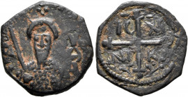 CRUSADERS. Antioch. Tancred, regent, 1101-1112. Follis (Bronze, 20 mm, 2.94 g, 6 h), 2nd type. ΚΕ ΒΟ TANKPI Cuirassed bust of Tancred facing, wearing ...