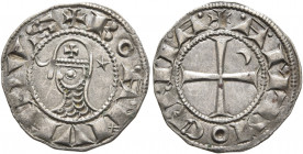 CRUSADERS. Antioch. Bohémond III, 1163-1201. Denier (Silver, 17 mm, 1.00 g, 11 h). ✠BOAMVNDVS Helmeted head of a knight to left flanked by crescent an...