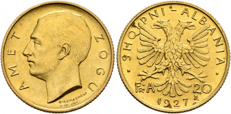 ALBANIA. Amet Zogu, 1925-1939. 20 Franga Ari 1927 (Gold, 21 mm, 6.47 g, 6 h), Ro...