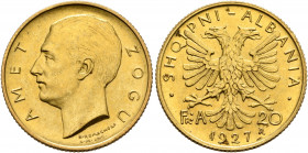 ALBANIA. Amet Zogu, 1925-1939. 20 Franga Ari 1927 (Gold, 21 mm, 6.47 g, 6 h), Rome. AMET ZOGU Head of Amet Zogu to left. Rev. SHQIPNI - ALBANIA Double...