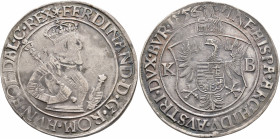 AUSTRIA. Holy Roman Empire. Ferdinand I, 1526-1564. Taler 1556 (Silver, 42 mm, 28.31 g, 4 h), Kremnitz. ✱FERDINAND D G ROM HVN BOE DAL C REX Cuirassed...