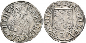 AUSTRIA. Holy Roman Empire. Karl II, Archduke, 1564-1590. 2 Kreuzer 1580 (Silver, 28 mm, 1.22 g, 11 h), Graz. CAROLVS D G ARCHIDVX Cuirassed and crown...