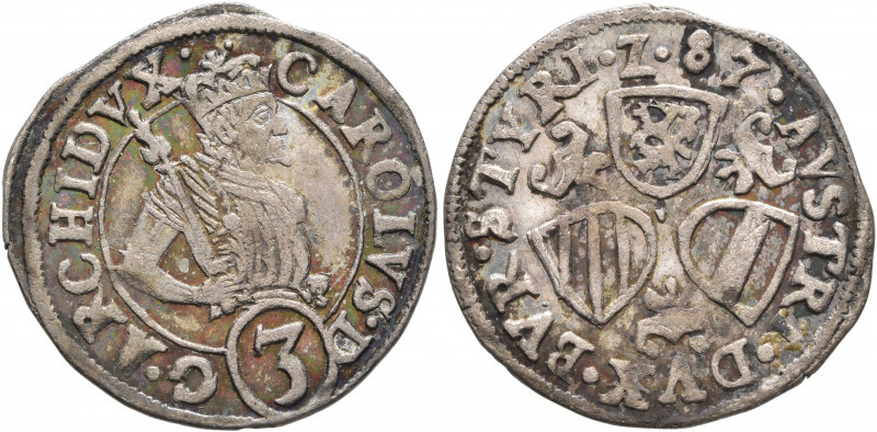 AUSTRIA. Holy Roman Empire. Karl II, Archduke, 1564-1590. 3 Kreuzer 1587 (Silver...