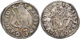 AUSTRIA. Holy Roman Empire. Karl II, Archduke, 1564-1590. 3 Kreuzer 1587 (Silver, 22 mm, 1.85 g, 11 h), Graz. CAROLVS D G ARCHIDVX Cuirassed and crown...