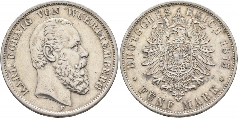 GERMANY. Württemberg. Karl, 1864-1891. 5 Mark 1875 (Silver, 38 mm, 27.81 g, 12 h...