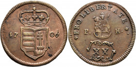 AUSTRIA. Holy Roman Empire. 'Malcontents' under Franz II Rakoczi, 1703-11. 20 Poltura 1706 (Bronze, 31 mm, 17.00 g, 12 h), uncertain mint Crowned arms...
