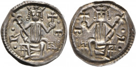 HUNGARY. Béla III, 1172-1196. Bracteate (Silver, 14 mm, 0.17 g). •B• •R• The king seated, facing, crowned, holding scepter in his right hand and small...