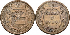 AUSTRIA. Holy Roman Empire. Karl VI, Emperor, 1711-1740. 3 Soldi 1734 (Bronze, 35 mm, 15.49 g, 12 h), for Görz, Graz mint Crowned arms. Rev. Value and...