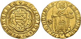 HUNGARY. Ludwig I, 1342-1382. Goldgulden (Gold, 20 mm, 3.55 g, 11 h), Buda or Pecs. ✠LODOVICI D G R VNGARIE Arms of Hungary-Anjou in tressure with six...