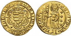 HUNGARY. Ludwig I, 1342-1382. Goldgulden (Gold, 22 mm, 3.55 g, 3 h), Buda. ✠LODOHICI D G R HNGhARIE Arms of Hungary-Anjou in tressure with six arches....