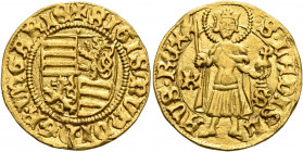 HUNGARY. Sigismund, 1387-1437. Goldgulden (Gold, 20 mm, 3.54 g, 2 h), Körmöcbánya (Kremnica). ✠SIGISMVNDI D G R VNGARIE Quartered arms of Hungary - Bo...