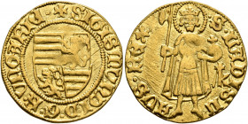 HUNGARY. Sigismund, 1387-1437. Goldgulden (Gold, 21 mm, 3.53 g, 10 h), Buda. ✠SIGISMVNDI D G R VNGARIE Quartered arms of Hungary-Bohemia. Rev. S LADIS...