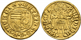 HUNGARY. Matthias I Corvinus, 1458-1490. Goldgulden (Gold, 22 mm, 3.40 g, 11 h), Nagybánya. ✠MAThIAS D G R VNGARIE Quartered arms. Rev. S LADISLAVS RE...