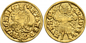 HUNGARY. Matthias I Corvinus, 1458-1490. Goldgulden (Gold, 20 mm, 3.60 g, 3 h), Nagybánya. MAThAS D G R VNGARIE Crowned Madonna sitting facing between...