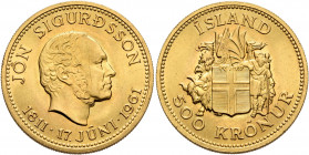 ICELAND. Lýðveldið Ísland (Republic of Iceland). 1944-present. 500 Kronur 1961 (Gold, 23 mm, 9.00 g, 12 h), on the 150th birthday of Jon Sigurdsson. K...