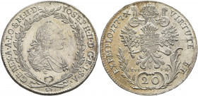 AUSTRIA. Holy Roman Empire. Josef II, Emperor, 1765-1790. 20 Kreuzer 1777 (Silver, 27 mm, 6.69 g, 12 h), Prague IOSEPH II D G R I S A GE REX A A LO &a...