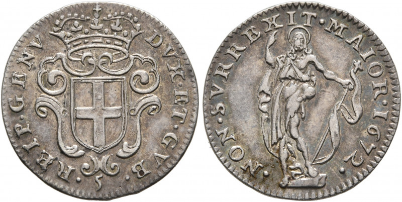 ITALY. Genova. Republic, 1528-1805. 5 Soldi 1672 (Silver, 16 mm, 1.33 g, 6 h) DV...