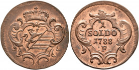 AUSTRIA. Holy Roman Empire. Josef II, Emperor, 1765-1790. Soldo 1788 F (Bronze, 21 mm, 2.64 g, 12 h), for Görz, Hall. Crowned arms. Rev. Value and yea...