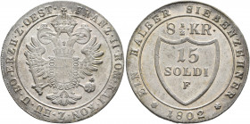 AUSTRIA. Holy Roman Empire. Franz II, Emperor, 1792-1806. 15 Soldi 1802 F (Silver, 27 mm, 5.52 g, 12 h), for Görz, Hall FRANZ II. RÖM. KAI. KÖN. Z. HU...