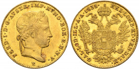 AUSTRIA. Kaisertum Österreich. Ferdinand I, 1835-1848. Dukat 1838 (Gold, 20 mm, 3.51 g, 12 h), Karlsburg. FERD I D G AVSTR IMP HVNG BOH R H N V Laurea...