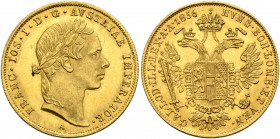 AUSTRIA. Kaisertum Österreich-Ungarn. Franz Josef I, 1848-1916. Dukat 1856 (Gold, 20 mm, 3.52 g, 12 h), Vienna. FRANC IOS I D G AVSTRIAE IMPERATOR Lau...