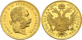 AUSTRIA. Kaisertum Österreich-Ungarn. Franz Josef I, 1867-1916. Dukat 1879 (Gold, 20 mm, 3.48 g, 12 h), Vienna. FRANC IOS I D G AVSTRIAE IMPERATOR Lau...