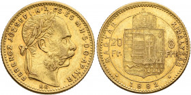 AUSTRIA. Kaisertum Österreich-Ungarn. Franz Josef I. 20 Franken = 8 Forint 1882 (Gold, 21 mm, 6.44 g, 12 h), Kremnitz. FERENCZ JOZSEF I K A CS ES M H ...