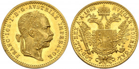 AUSTRIA. Kaisertum Österreich-Ungarn. Franz Josef I, 1867-1916. Dukat 1883 (Gold, 20 mm, 3.48 g, 12 h), Vienna. FRANC IOS I D G AVSTRIAE IMPERATOR Lau...