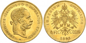AUSTRIA. Kaisertum Österreich-Ungarn. Franz Josef I, 1867-1916. 10 Franken = 4 Gulden 1891 (Gold, 19 mm, 3.24 g, 12 h), Vienna. FRANCISCVS IOSEPHVS I ...