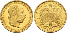 AUSTRIA. Kaisertum Österreich-Ungarn. Franz Josef I, 1867-1916. 20 Kronen 1892 (Gold, 21 mm, 6.80 g, 12 h), Vienna. FRANC IOS I D G IMP AVSTR REX BOH ...