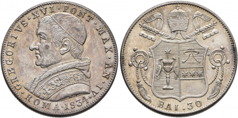 ITALY. Papal Coinage. Gregory XVI, 1831-1846. 30 Baiocchi 1834 (Silver, 25 mm, 7...