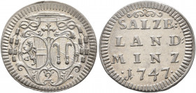 AUSTRIA. Salzburg, Erzbistum. Andreas Jakob von Dietrichstein -1753. 1/2 Landbatzen 1747 (Silver, 19 mm, 1.16 g, 12 h), 1747. Two shields under Legate...