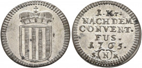 AUSTRIA. Schwarzenberg. Josef Adam, 1732-1782. Kreuzer 1765 (Silver, 16 mm, 0.86 g, 12 h), Nürnberg. Crowned arms. Rev. 1. Kr• / NACH DEM / CONVENT• /...