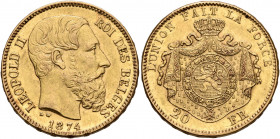BELGIUM. Léopold II, 1865-1909. 20 Francs 1874 (Gold, 21 mm, 6.42 g, 6 h), Brussels. LEOPOLD II ROI DES BELGES Head of Leopold II to right, 1874 below...