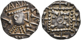 BRITISH, Anglo-Saxon. Secondary Sceattas. Circa 710-760. Sceatt (Silver, 12 mm, 1.19 g), Series R. Crowned bust to right. Rev. Square with T and cross...