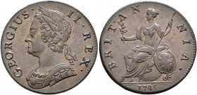BRITISH, Hanover. George II, 1727-1760. Halfpenny 1745 (Bronze, 27 mm, 9.80 g, 6 h). GEORGIUS II REX Laureate bust of George II to left. Rev. BRITANNI...