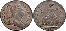 BRITISH, Hanover. George III, 1760-1820. Halfpenny 1773 (Bronze, 29 mm, 9.52 g, 6 h). GEORGIVS III REX Laureate bust of George III to right. Rev. BRIT...