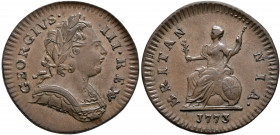 BRITISH, Hanover. George III, 1760-1820. Farthing 1773 (Bronze, 24 mm, 5.53 g, 6 h). GEORGIVS III REX Laureate bust of George III to right. Rev. BRITA...