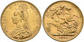 BRITISH, Hanover. Victoria, 1837-1901. Sovereign 1891 (Gold, 22 mm, 7.99 g, 12 h), London. VICTORIA D G BRIT REG F D Crowned jubilee bust of Victoria ...