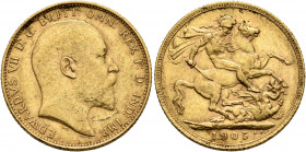 BRITISH, Saxe-Coburg-Gotha. Edward VII, 1901-1910. Sovereign 1905 (Gold, 21 mm, 7.99 g, 12 h), London. EDWARDVS VII D G BRITT OMN REX F D IND IMP Head...